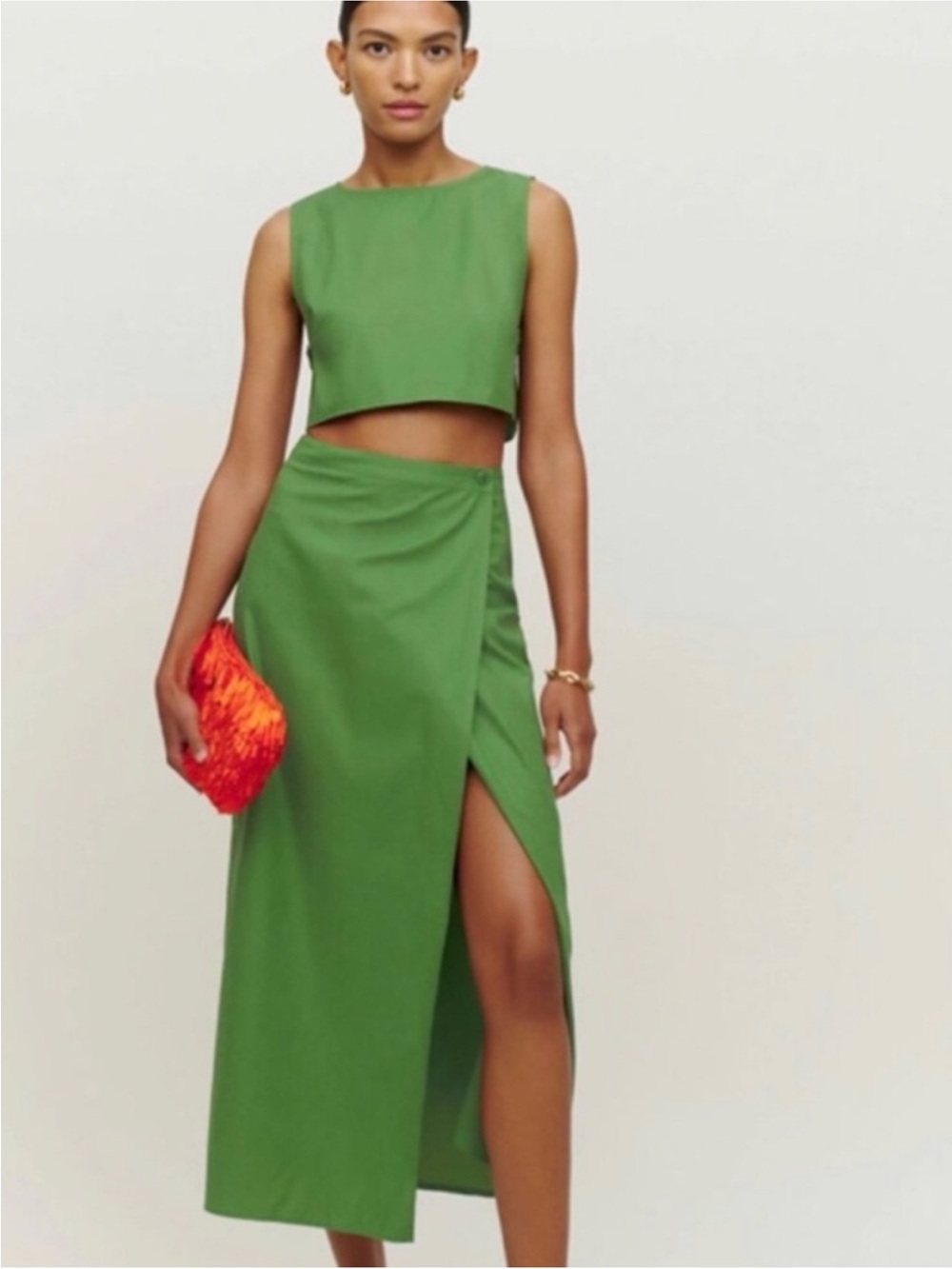 Reformation Green Wrap Midi Skirt Set